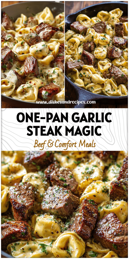 Creamy one-pan garlic steak and cheese tortellini skillet topped with herbs.